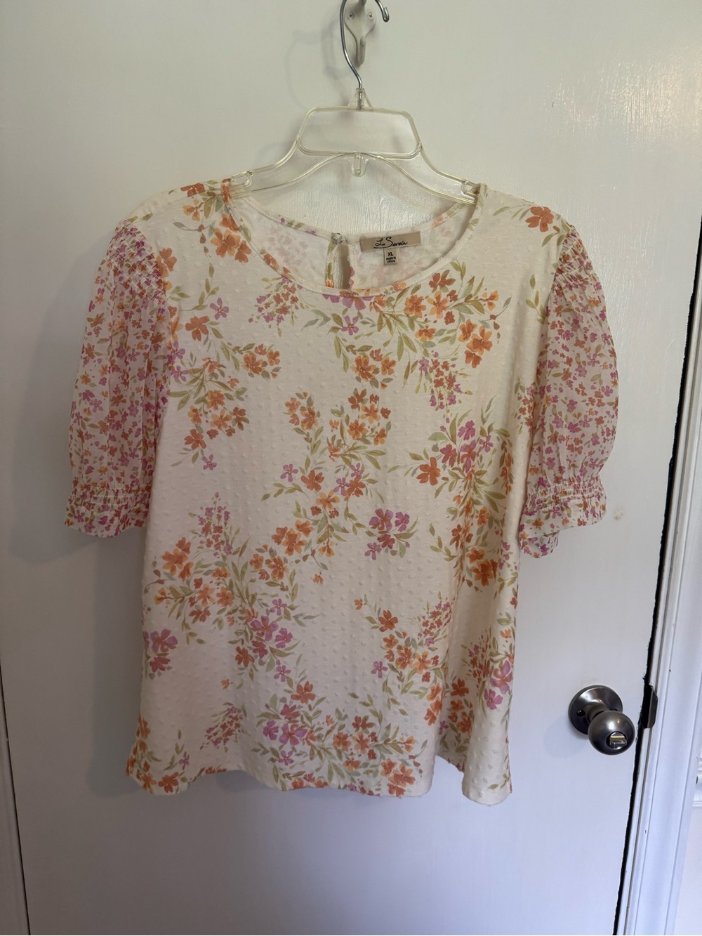 Cream Floral Puff Sleeve Blouse with Pink & Orange Accents